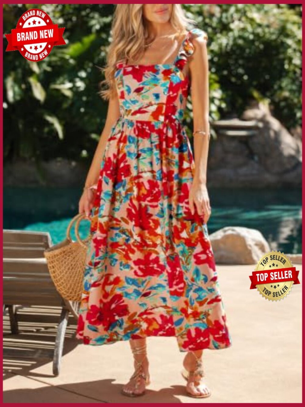 Boho Floral Midi Sundress Square Neck Ruffle Sleeveless Smocked Bow Dress Flowy - Picture 4 of 7